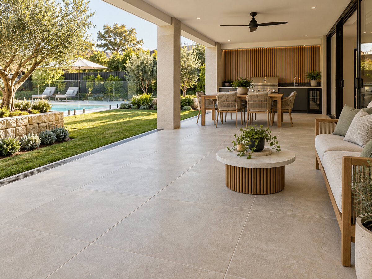 Illustrative tiled alfresco area opening to a landscaped garden