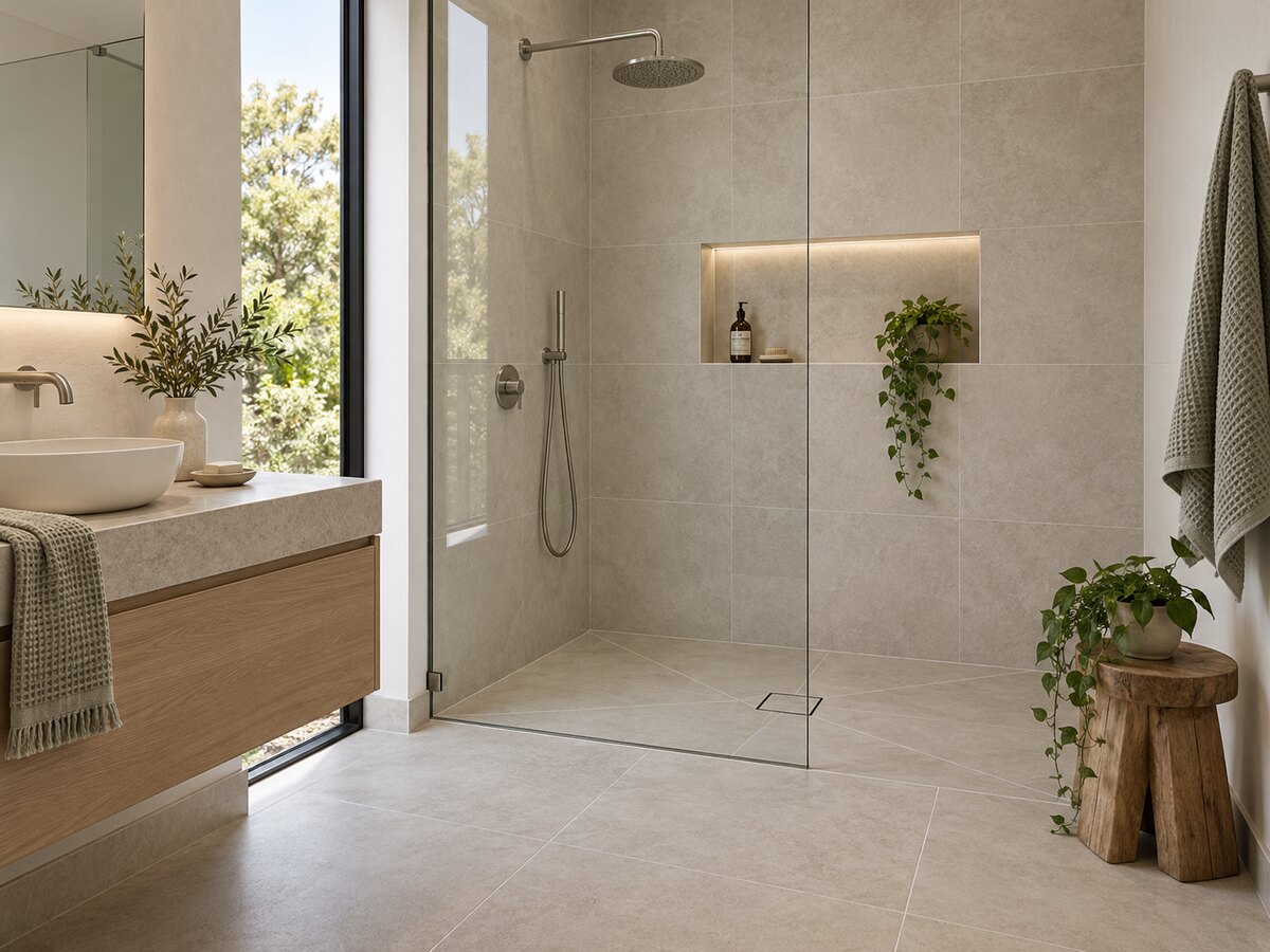 Illustrative walk-in shower with large-format tiles and niche