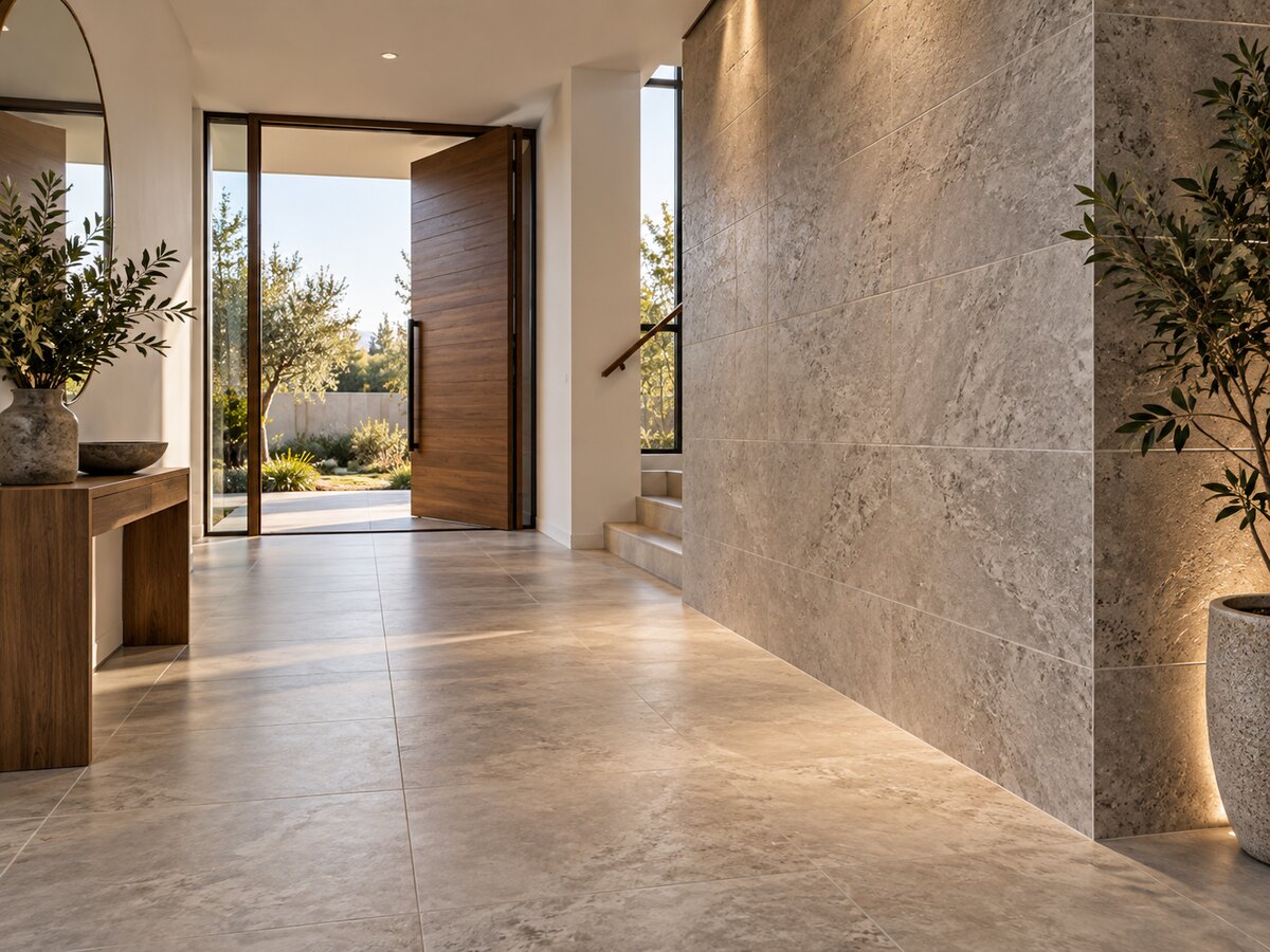 Illustrative coordinated floor tiling and tiled feature wall