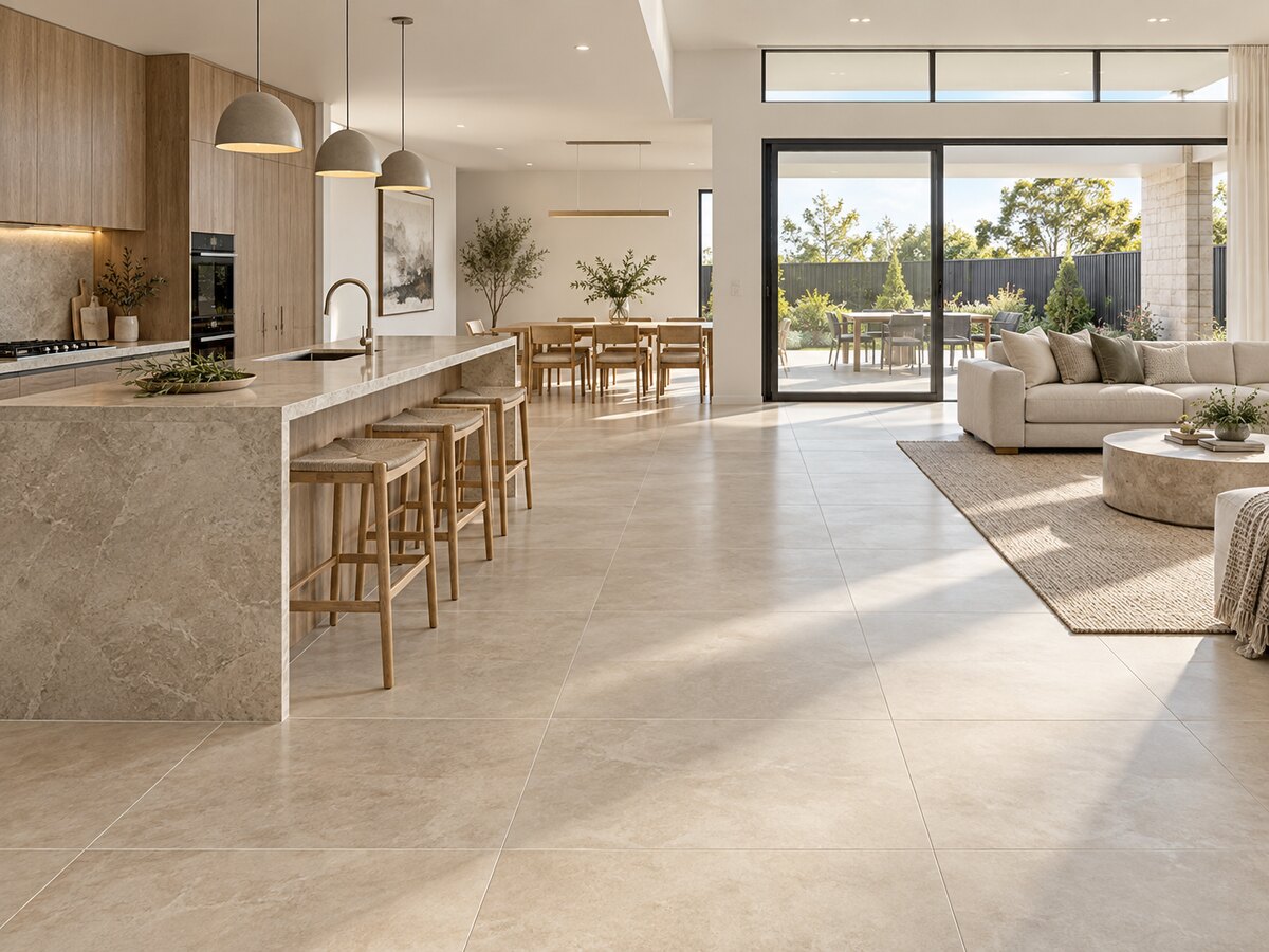 Illustrative new home with large-format tiled floors
