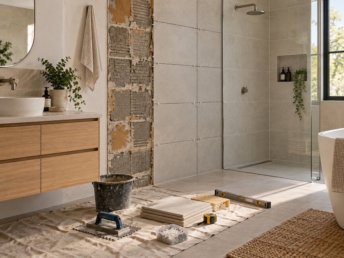 Illustrative bathroom tile repair and renovation in progress